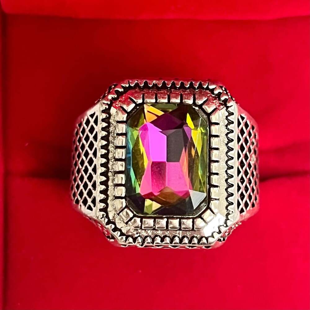 Mystic Fire Topaz Statement Ring Silver Colored Metal Size 13